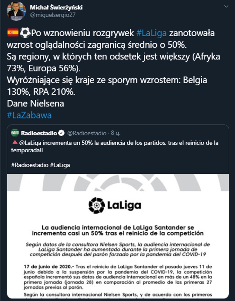 Spory wzrost OGLĄDALNOŚCI po wznowieniu LaLiga!